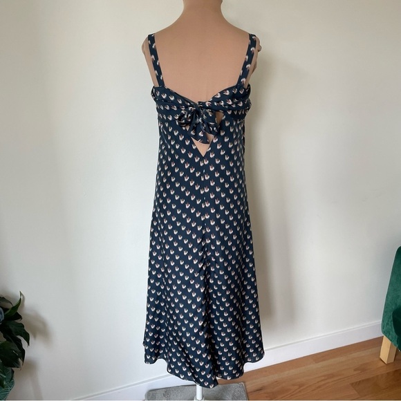 Theory Floral Ikat Print Deep Navy Blue Silk Tie Back Midi Dress EUC Size Small - Picture 6 of 11